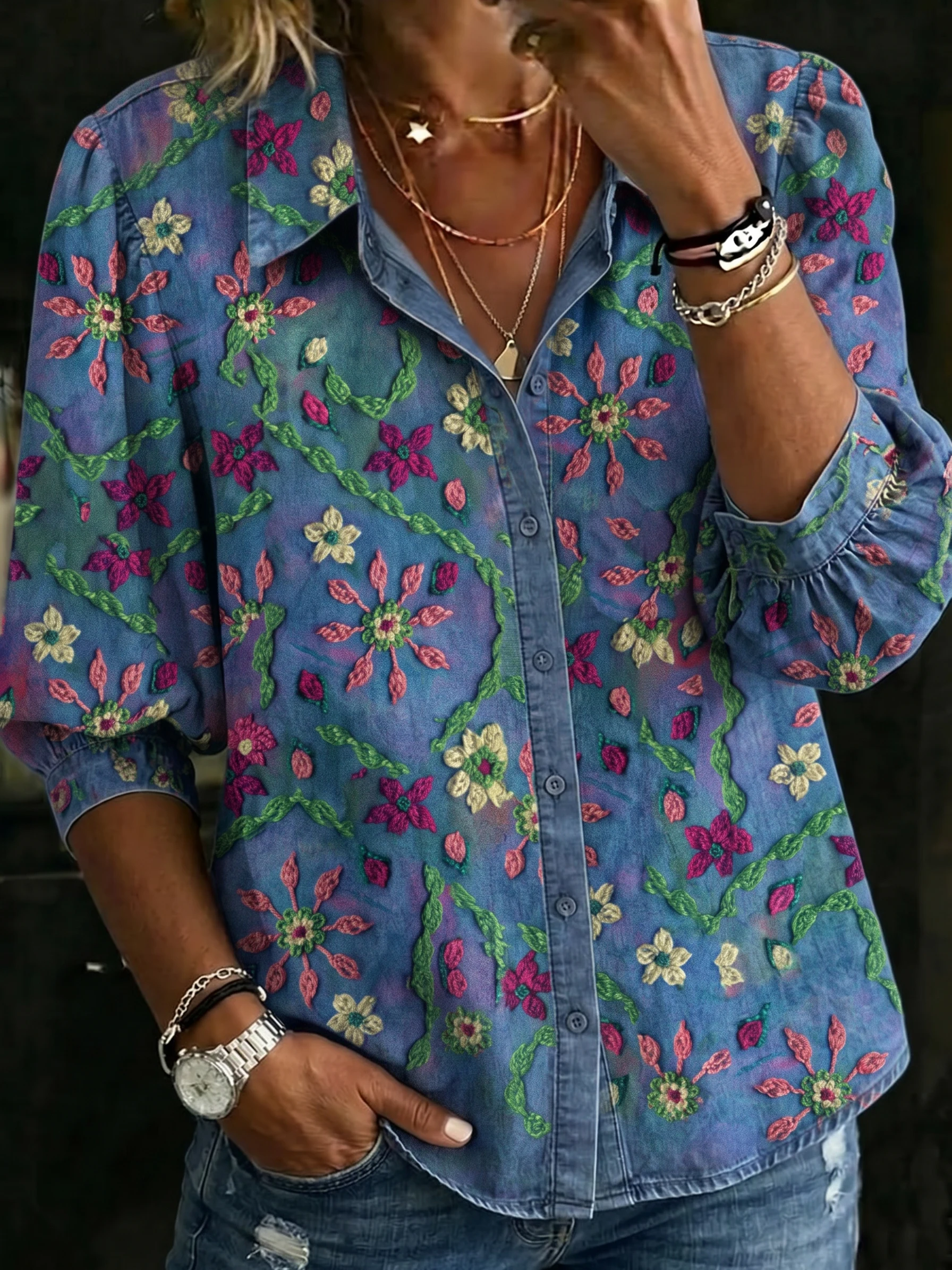 Women's Fashion Retro Gradient Floral Artistic Print Casual Denim Shirt