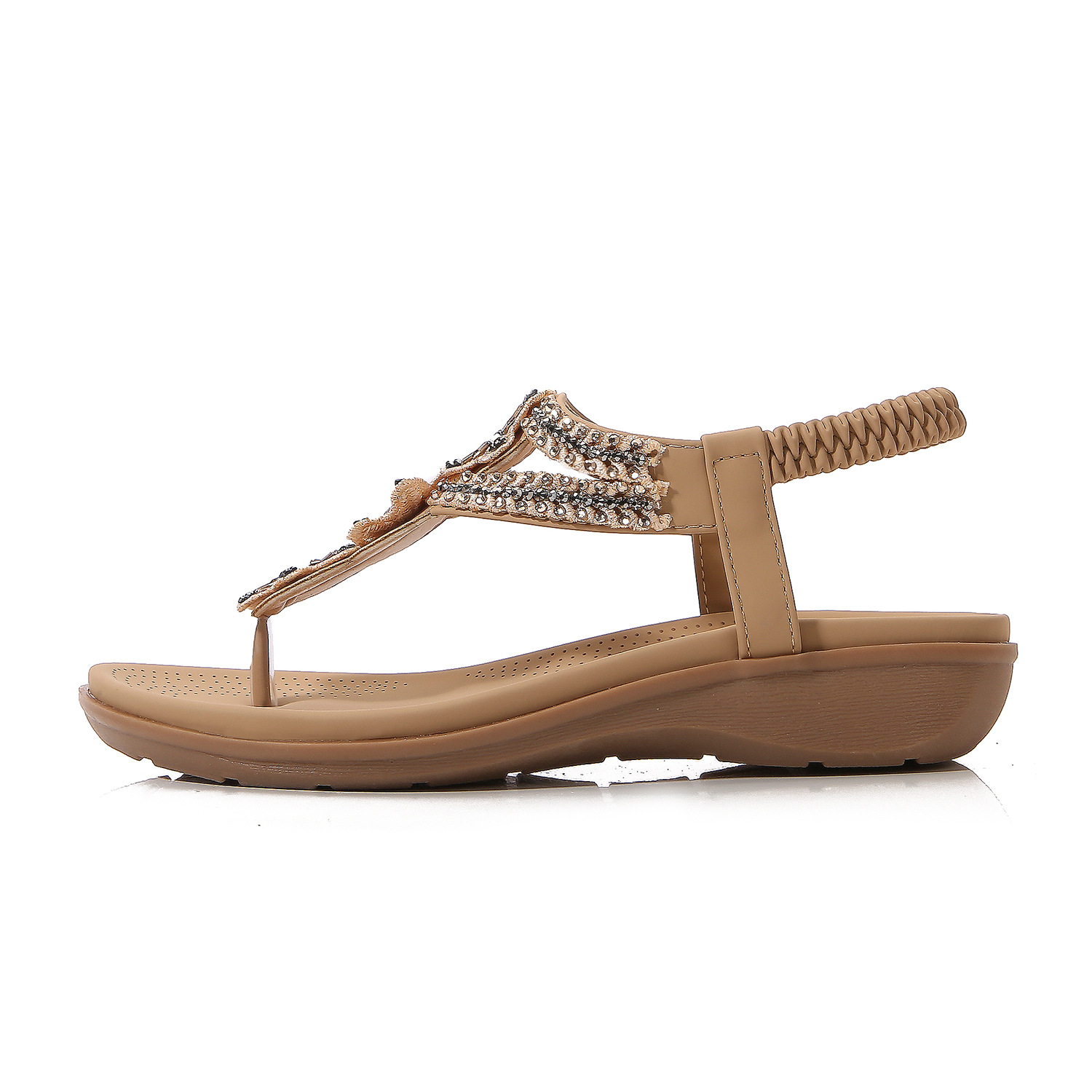 Women's Flat Sandals Ladies Thong Flat Sandals Bohemian Beaded Strap Sandals Diamante Rhinestone Leather Sandals-Comfort & Reliable