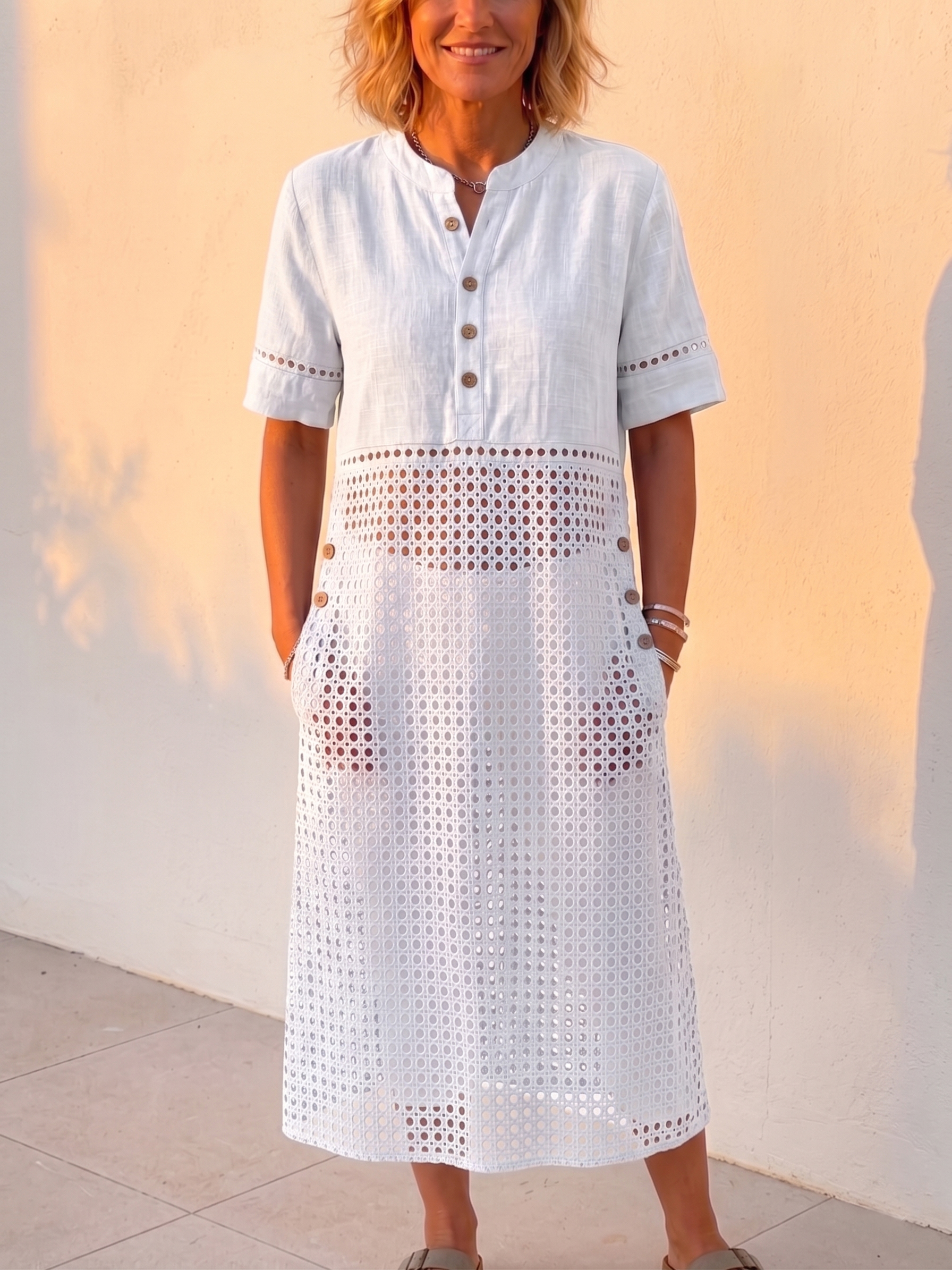 New Arrivals🔥 Vintage Eyelet Lace-Up Linen-Blend Shirt Dress, Loose Midi