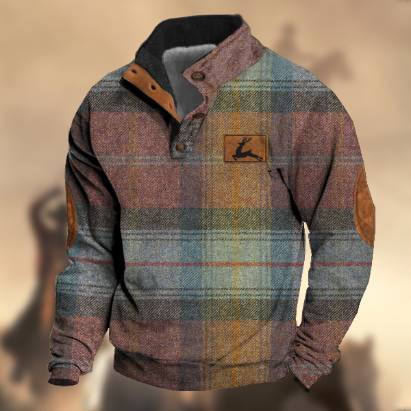 Men's Vintage Country Western Hunting Elk Pink Blue Wool Plaid Print Stand Collar Sweatshirt-Comfort & Reliable