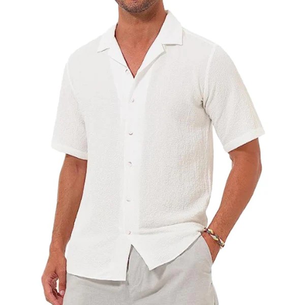 Men's lapel casual solid color short sleeve button linen shirt-Comfort & Reliable