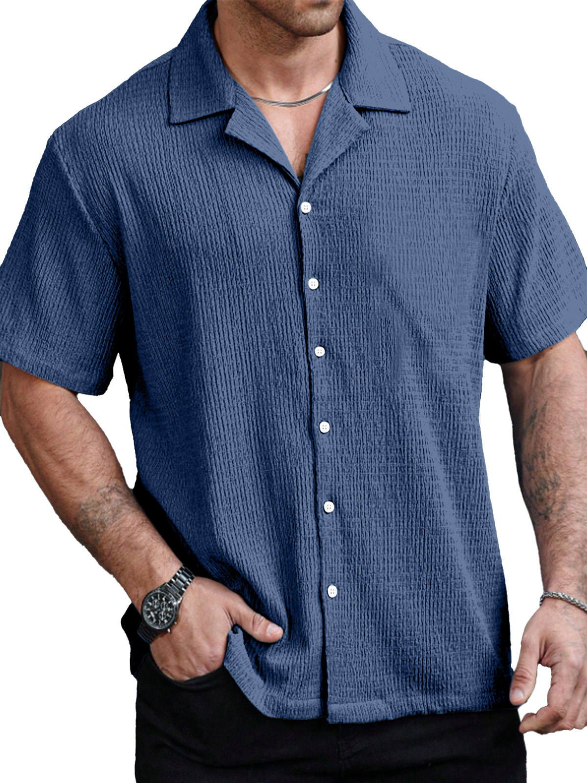 Men's Casual Solid Color Texture Cuban Collar Short Sleeve Shirt