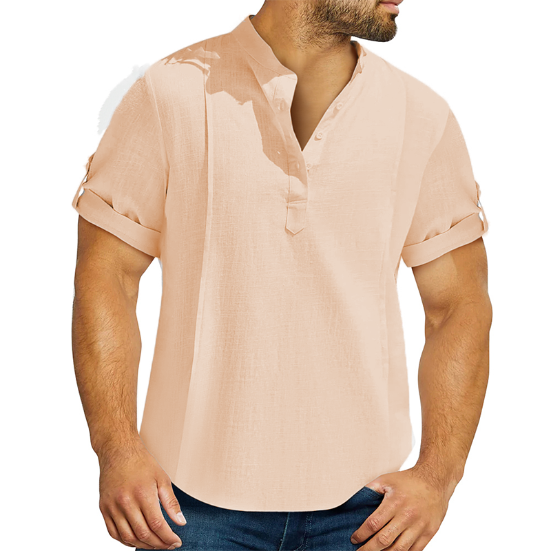 Men's linen cotton Henley shirt casual shirt short sleeve T shirt-Comfort & Reliable