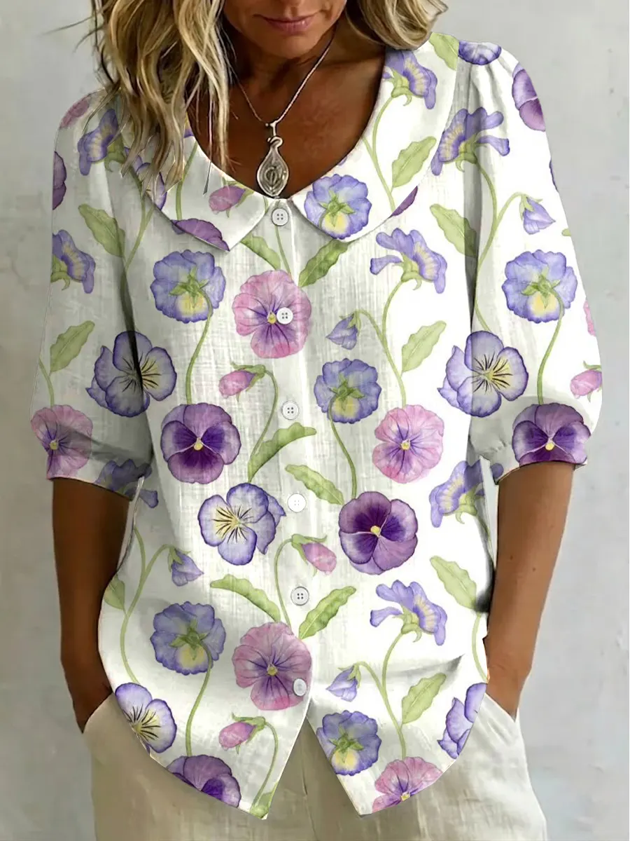 Women's Colorful Floral Print Print Cotton Linen Top