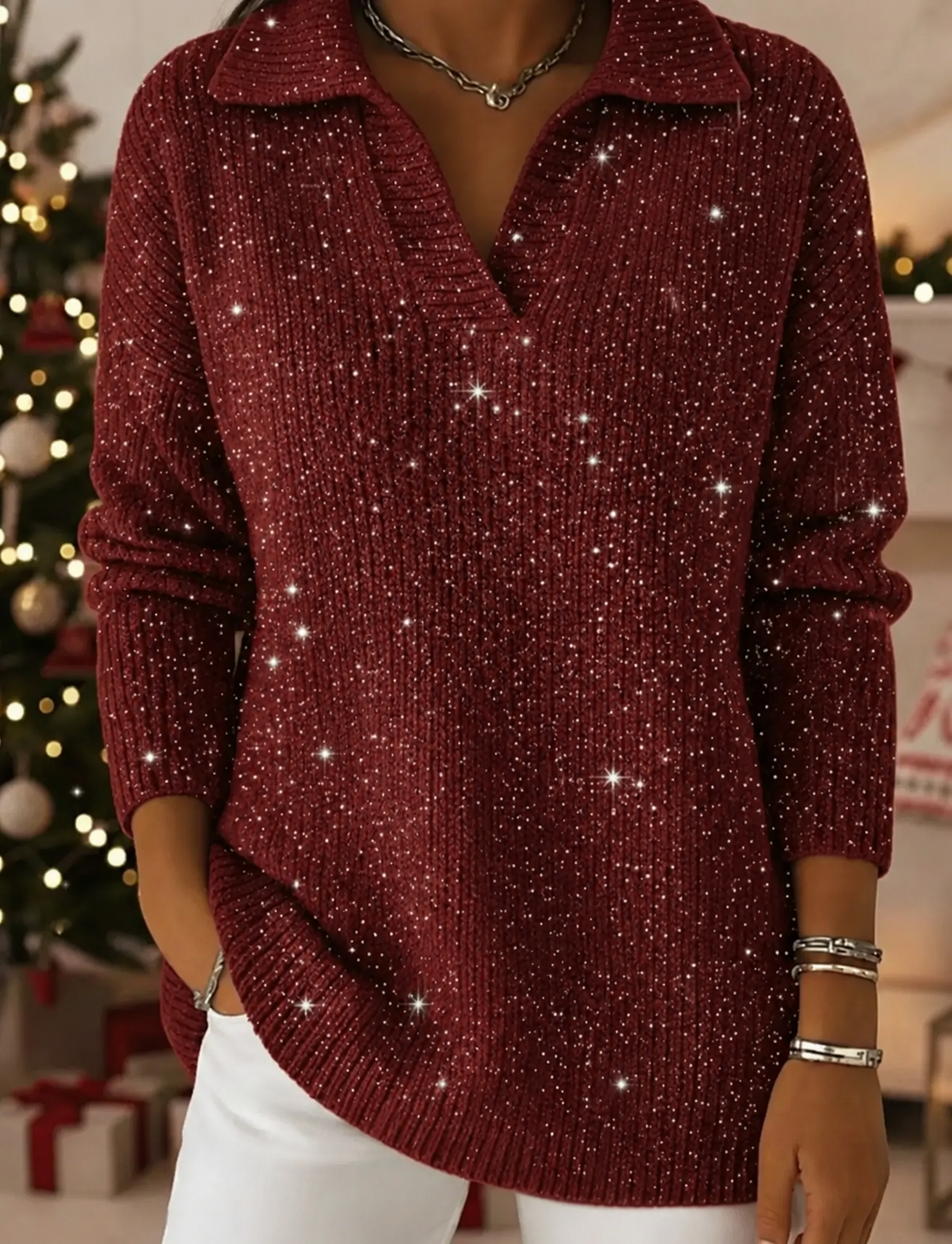 Women’s Sparkly Polo Collar Sweater — Shimmering Knit for an Elegant, Relaxed Look