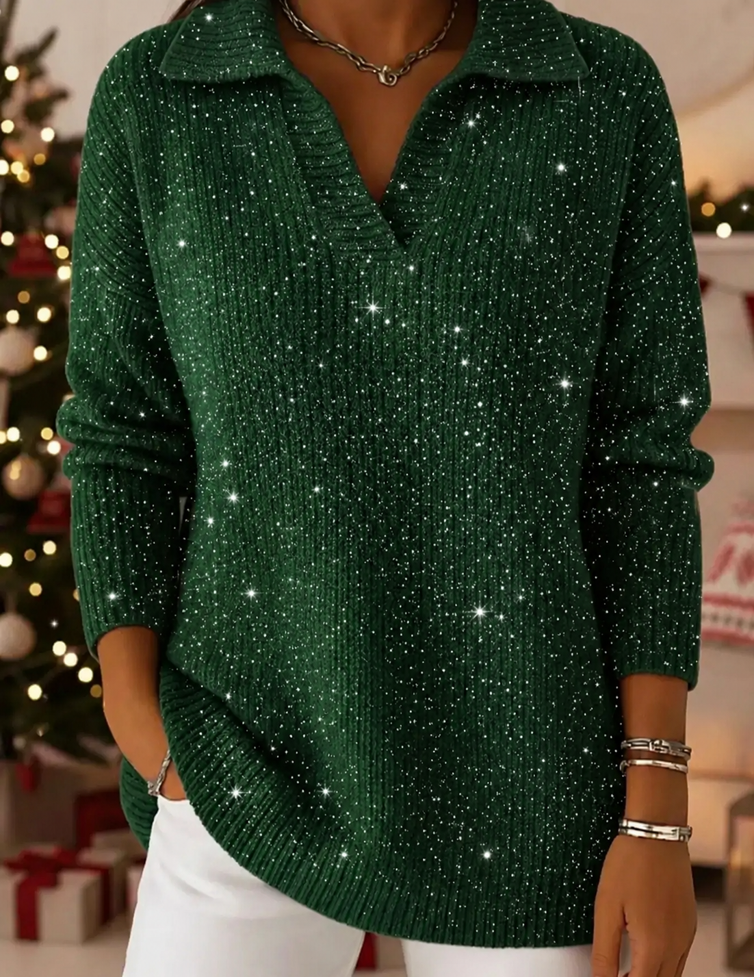 Women’s Sparkly Polo Collar Sweater — Shimmering Knit for an Elegant, Relaxed Look