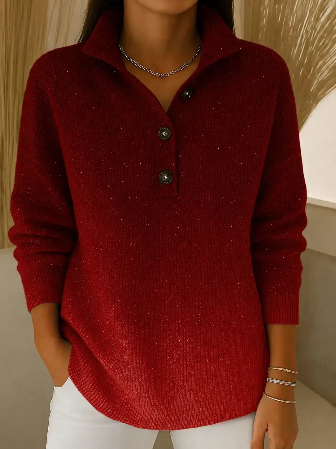 Women’s Sparkly Polo Collar Sweater — Shimmering Knit for an Elegant, Relaxed Look