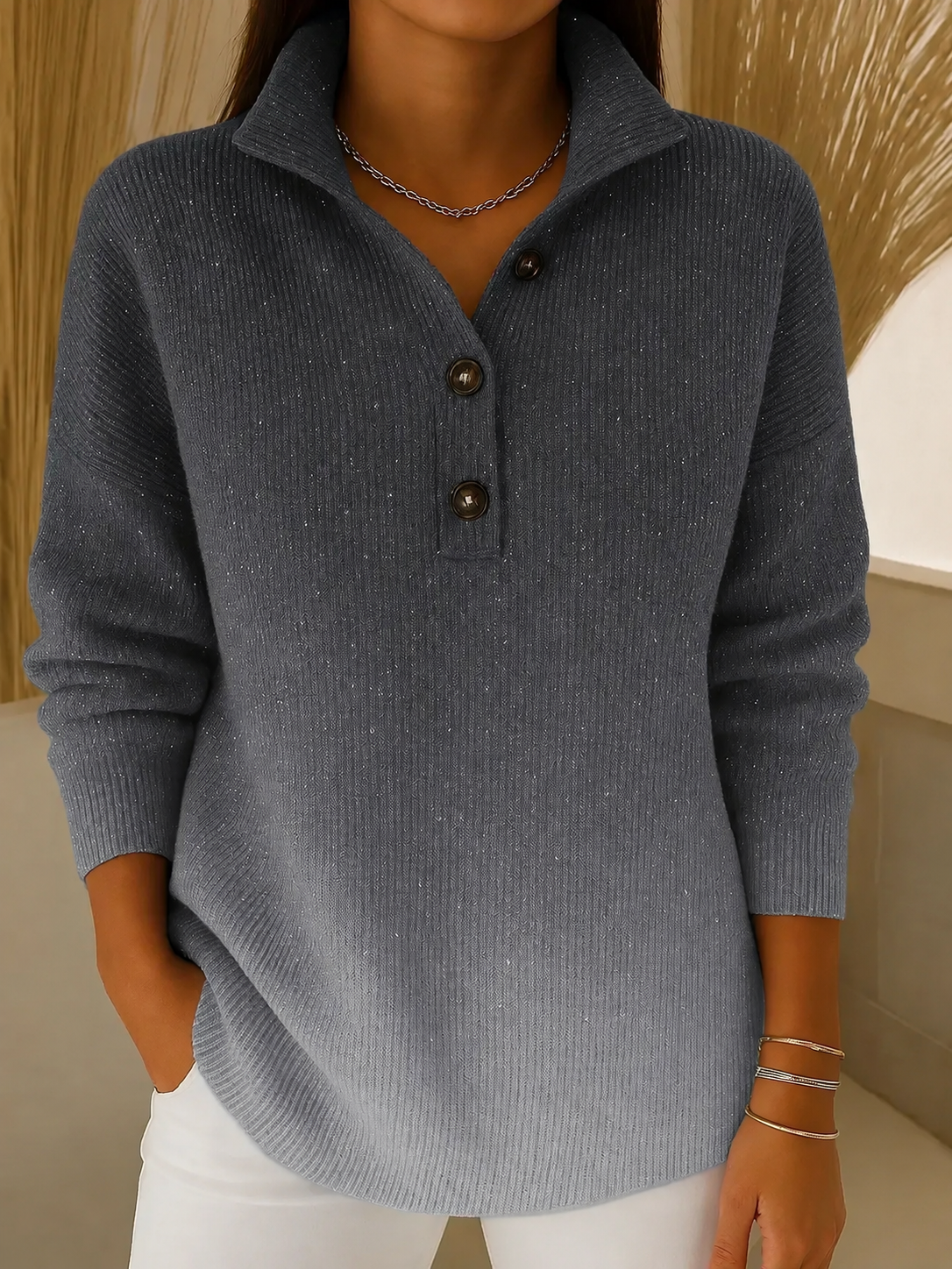 Women’s Sparkly Polo Collar Sweater — Shimmering Knit for an Elegant, Relaxed Look