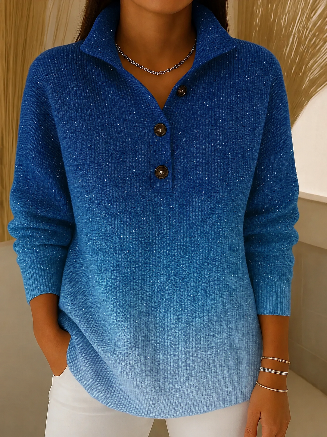 Women’s Sparkly Polo Collar Sweater — Shimmering Knit for an Elegant, Relaxed Look