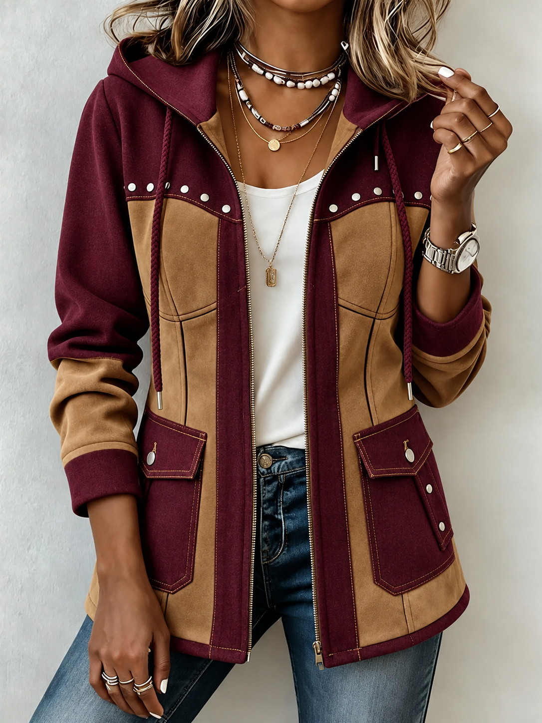 Chic Denim Patchwork Suede Hooded Jacket
