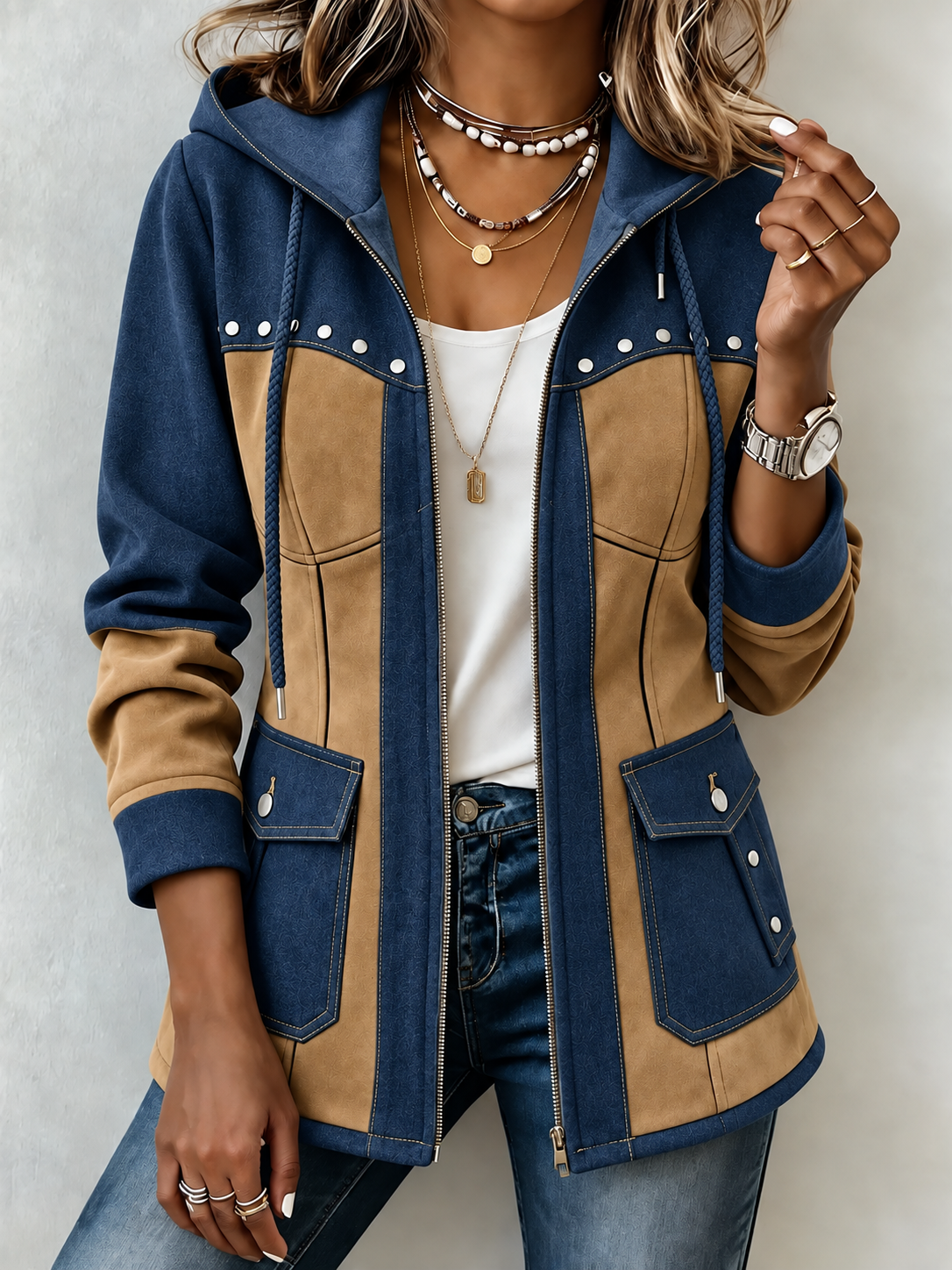 Chic Denim Patchwork Suede Hooded Jacket