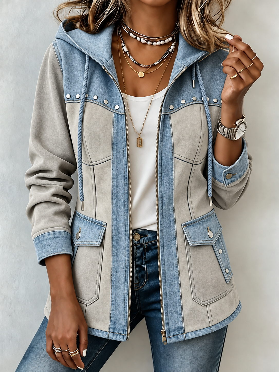 Chic Denim Patchwork Suede Hooded Jacket