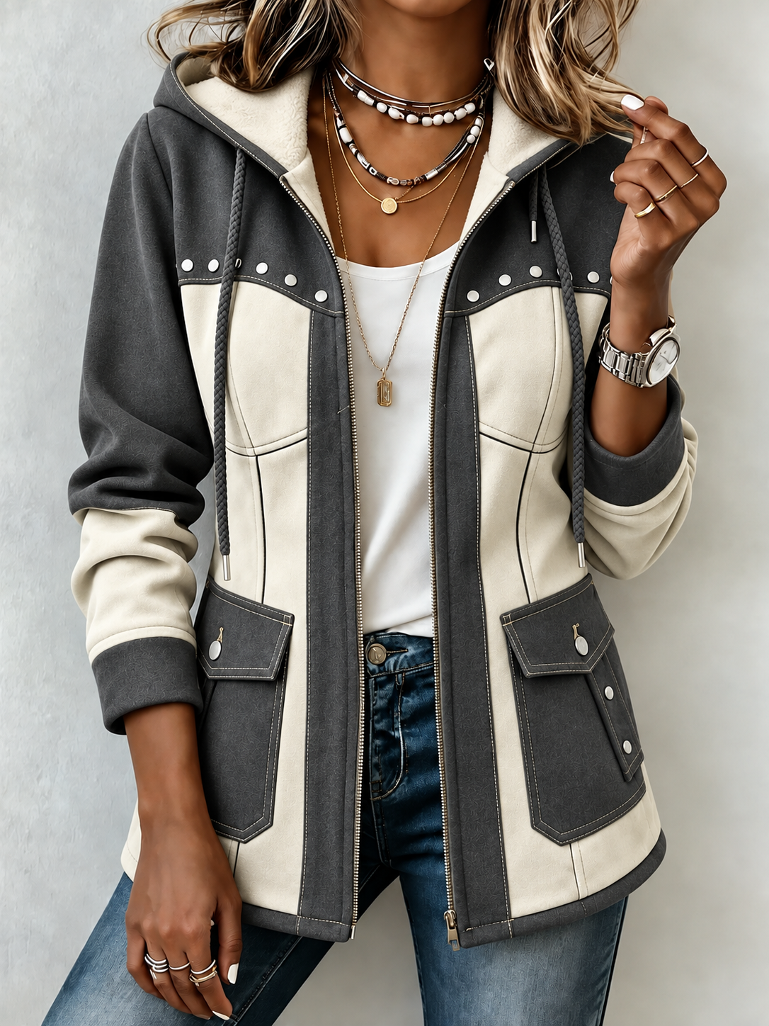 Chic Denim Patchwork Suede Hooded Jacket