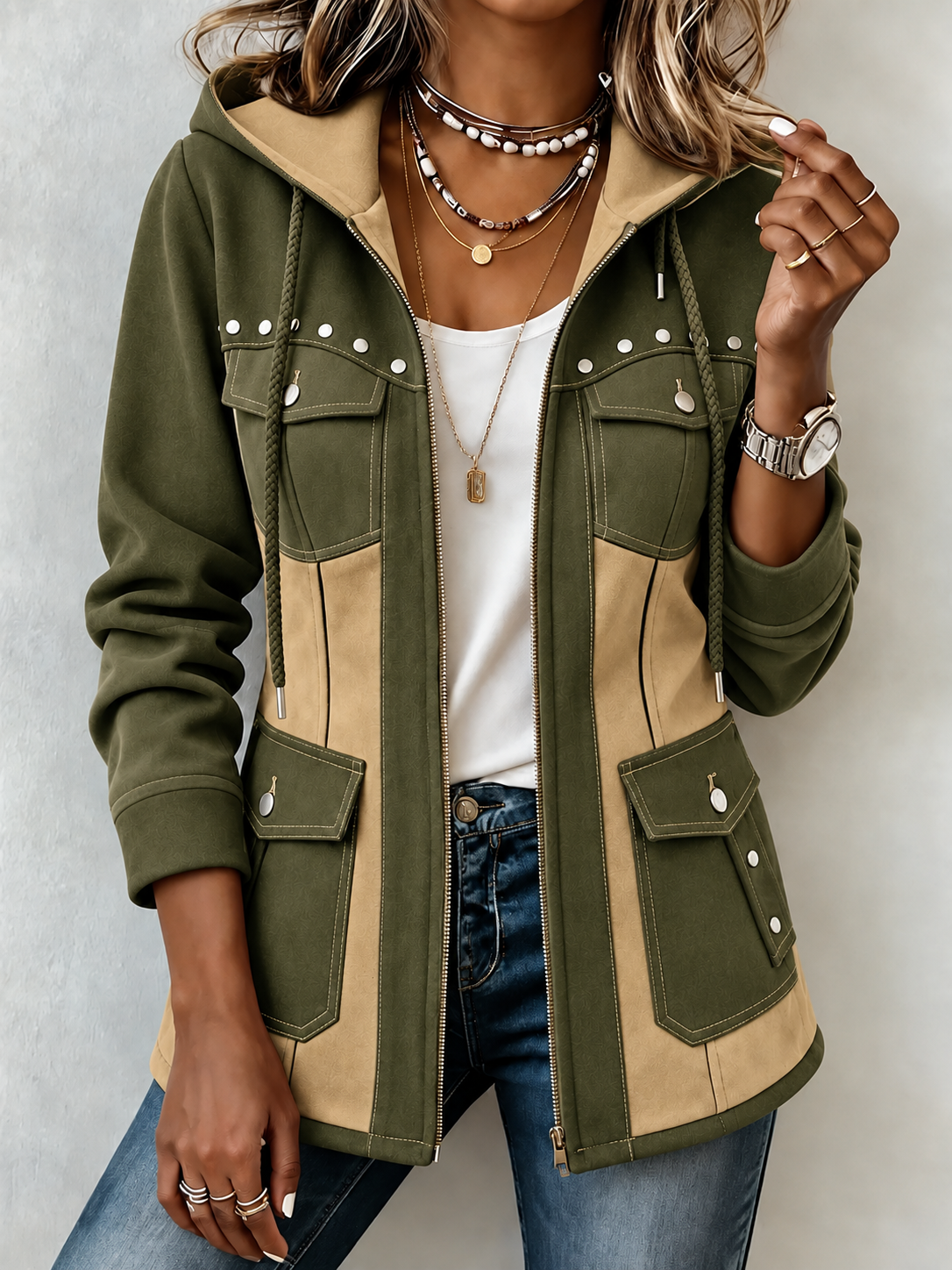 Chic Denim Patchwork Suede Hooded Jacket