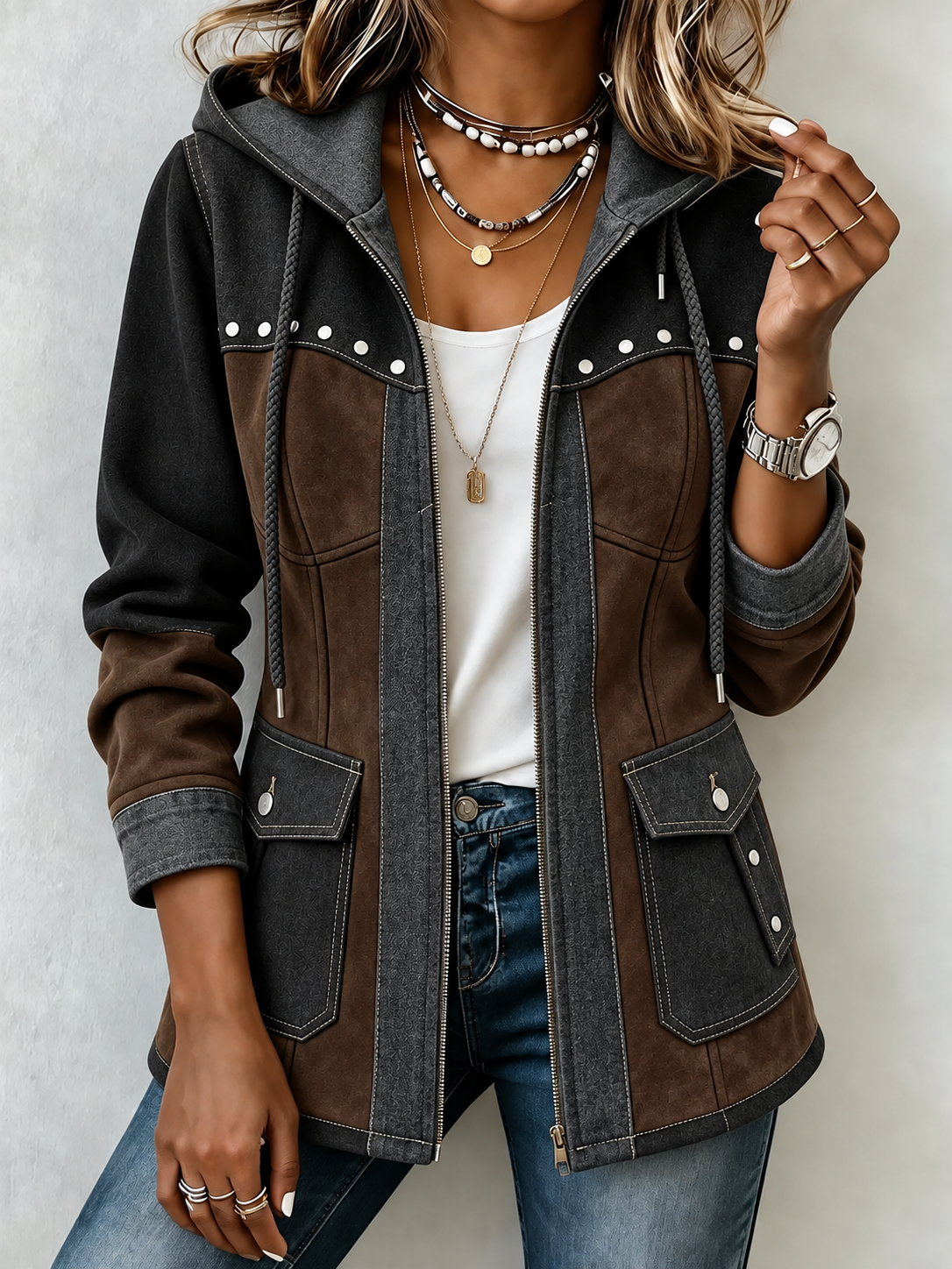 Chic Denim Patchwork Suede Hooded Jacket
