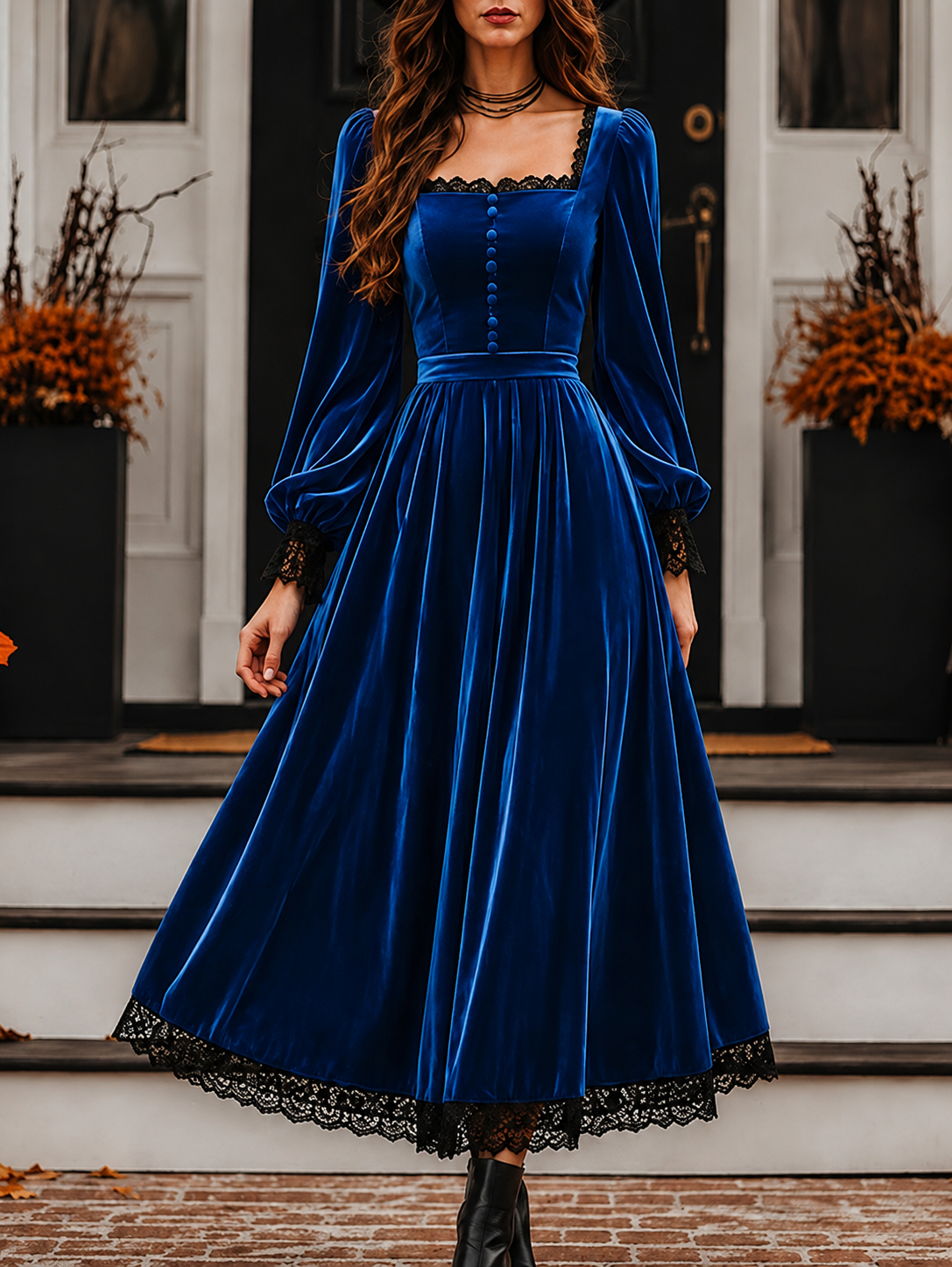   Women’s Vintage Velvet Midi Dress with Square Neck and Lace Trim