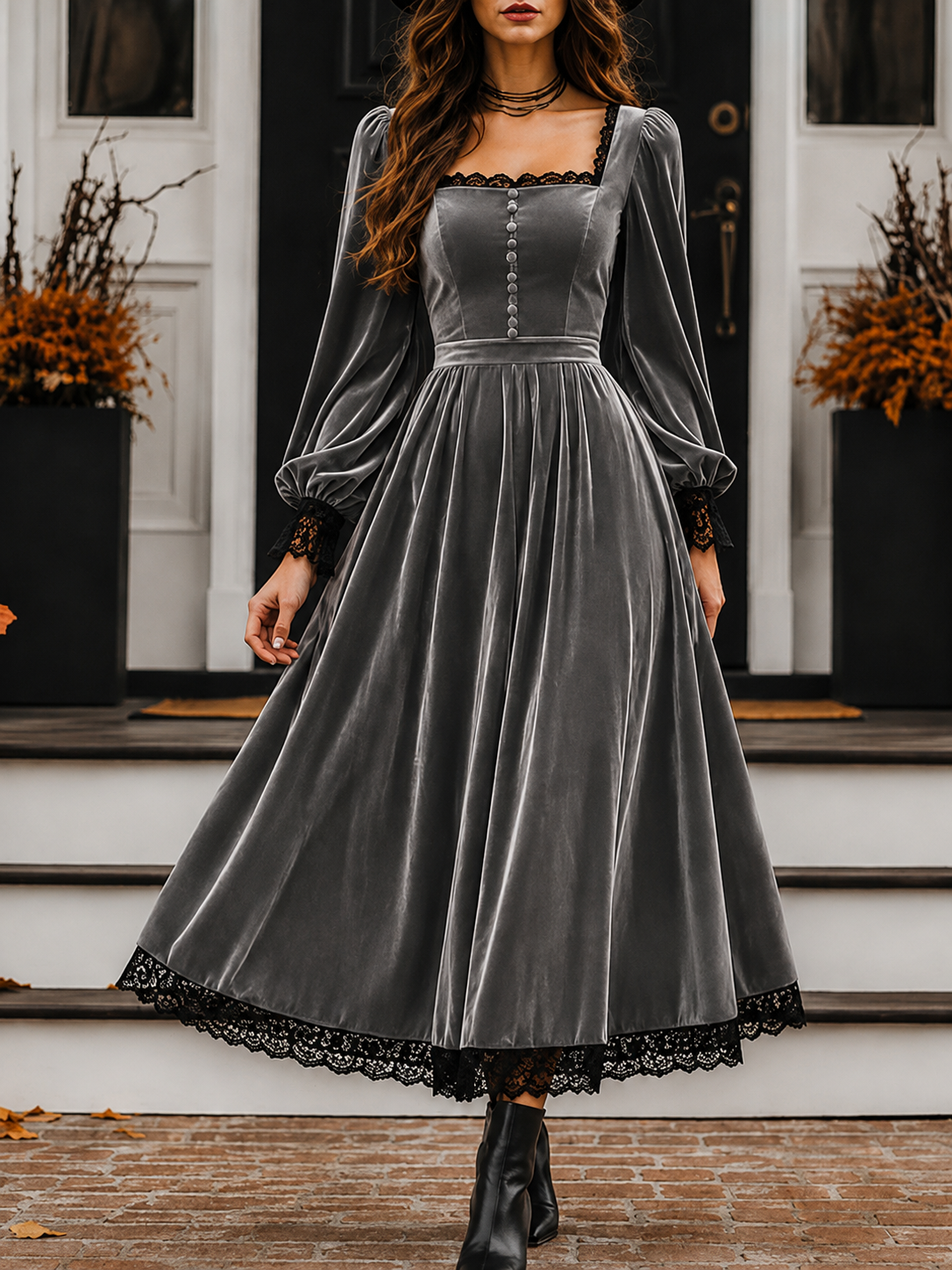    Women’s Vintage Velvet Midi Dress with Square Neck and Lace Trim