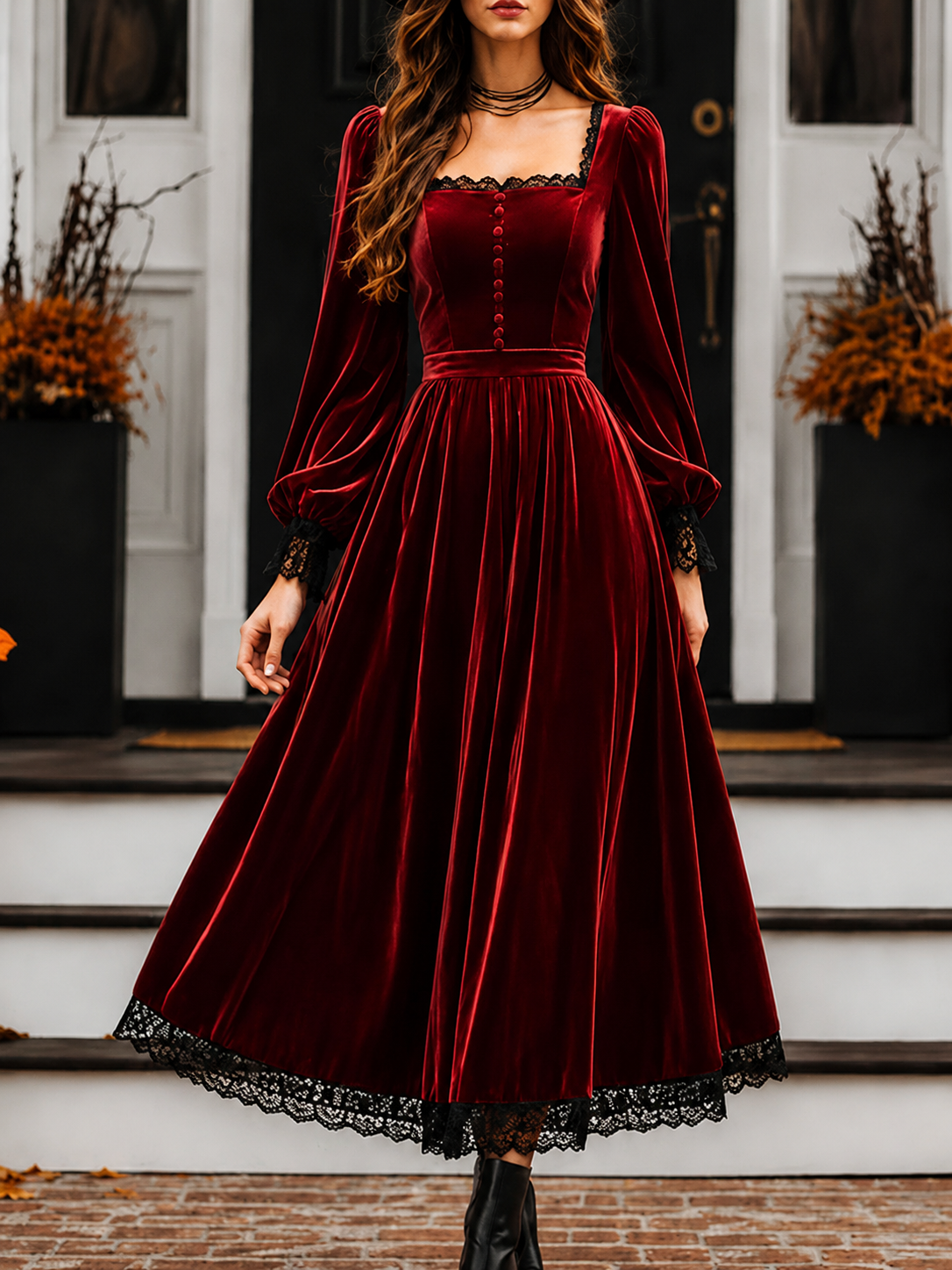    Women’s Vintage Velvet Midi Dress with Square Neck and Lace Trim