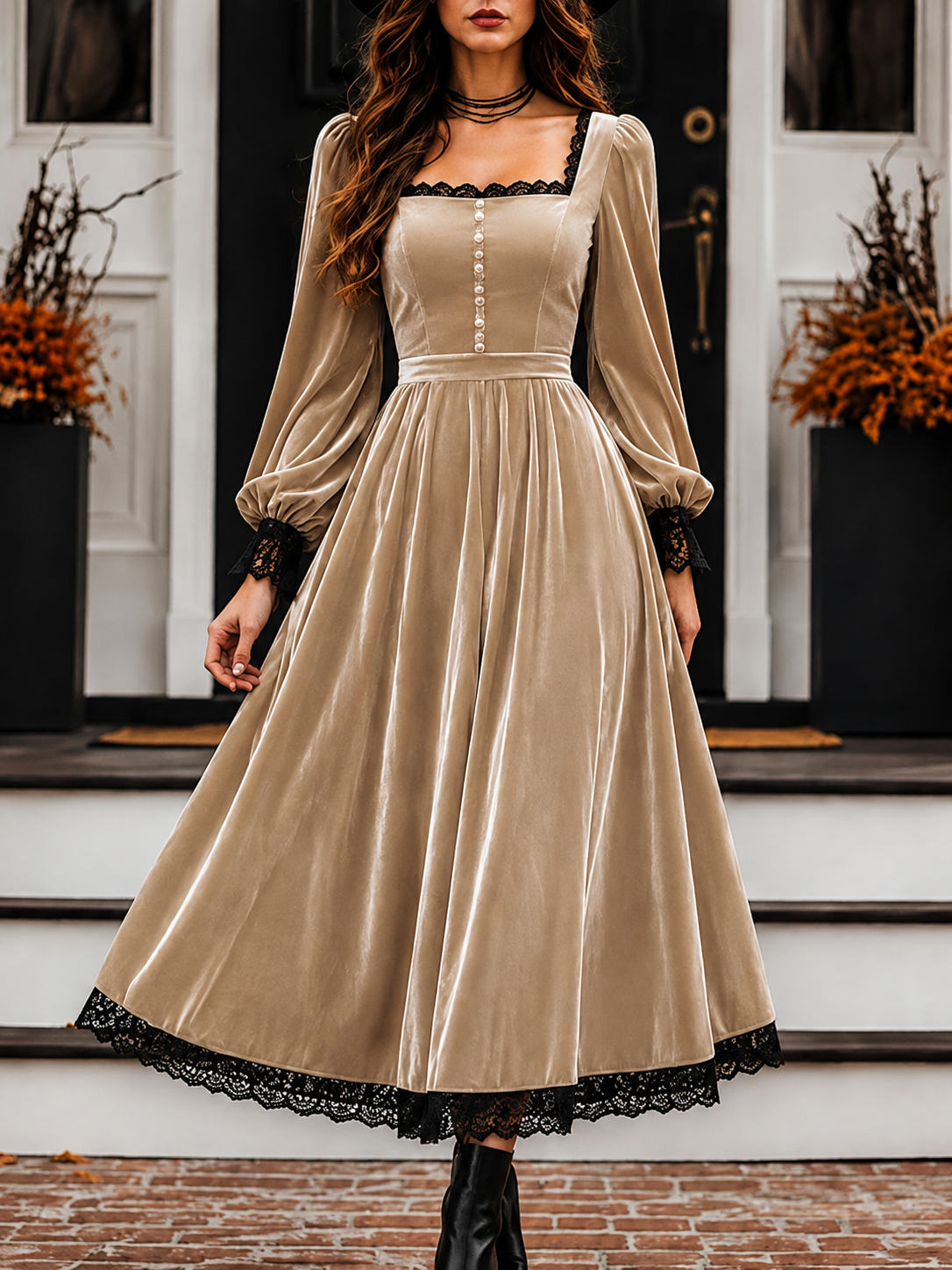    Women’s Vintage Velvet Midi Dress with Square Neck and Lace Trim
