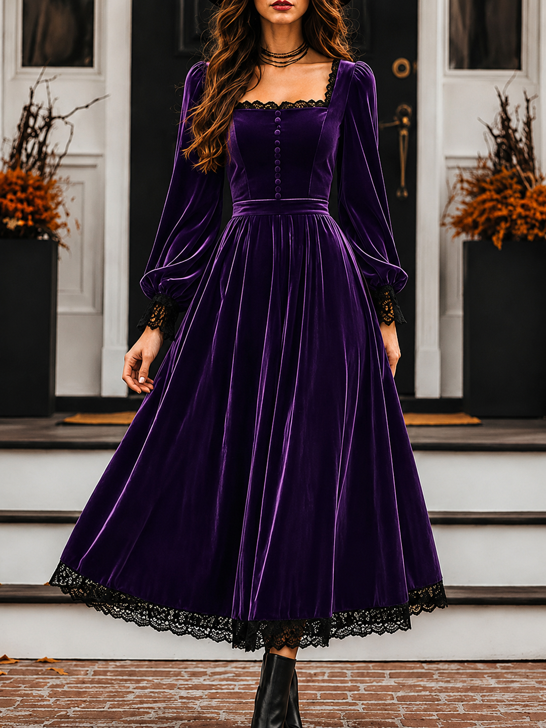    Women’s Vintage Velvet Midi Dress with Square Neck and Lace Trim