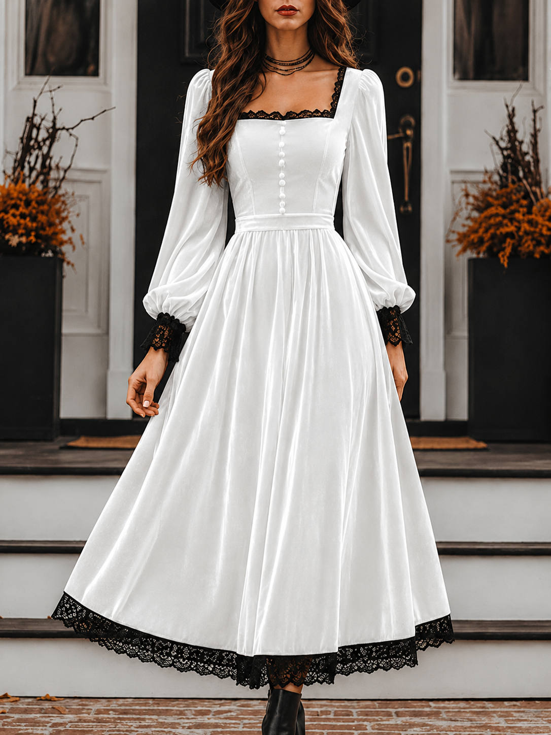   Women’s Vintage Velvet Midi Dress with Square Neck and Lace Trim