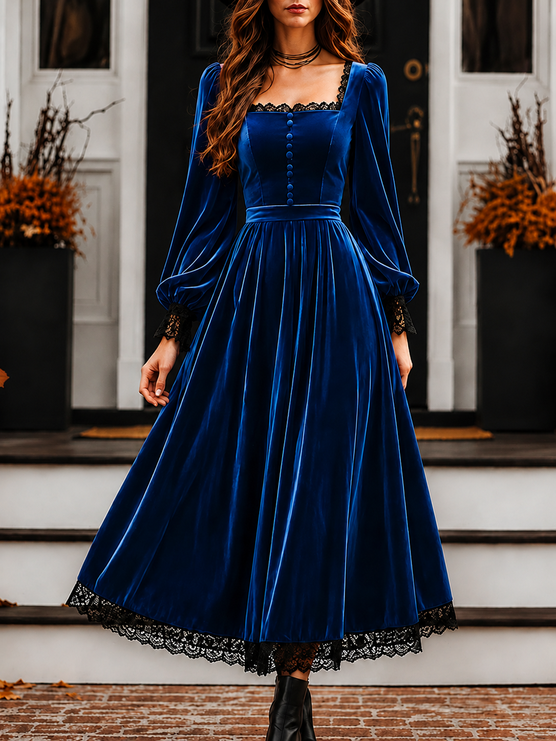    Women’s Vintage Velvet Midi Dress with Square Neck and Lace Trim