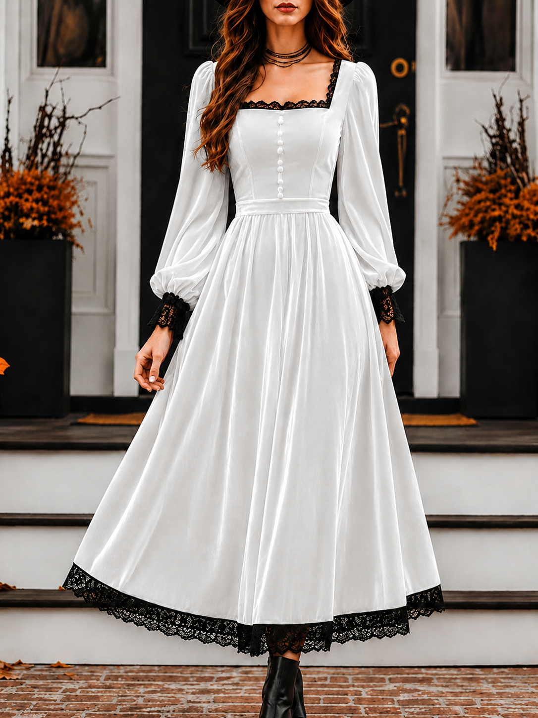    Women’s Vintage Velvet Midi Dress with Square Neck and Lace Trim