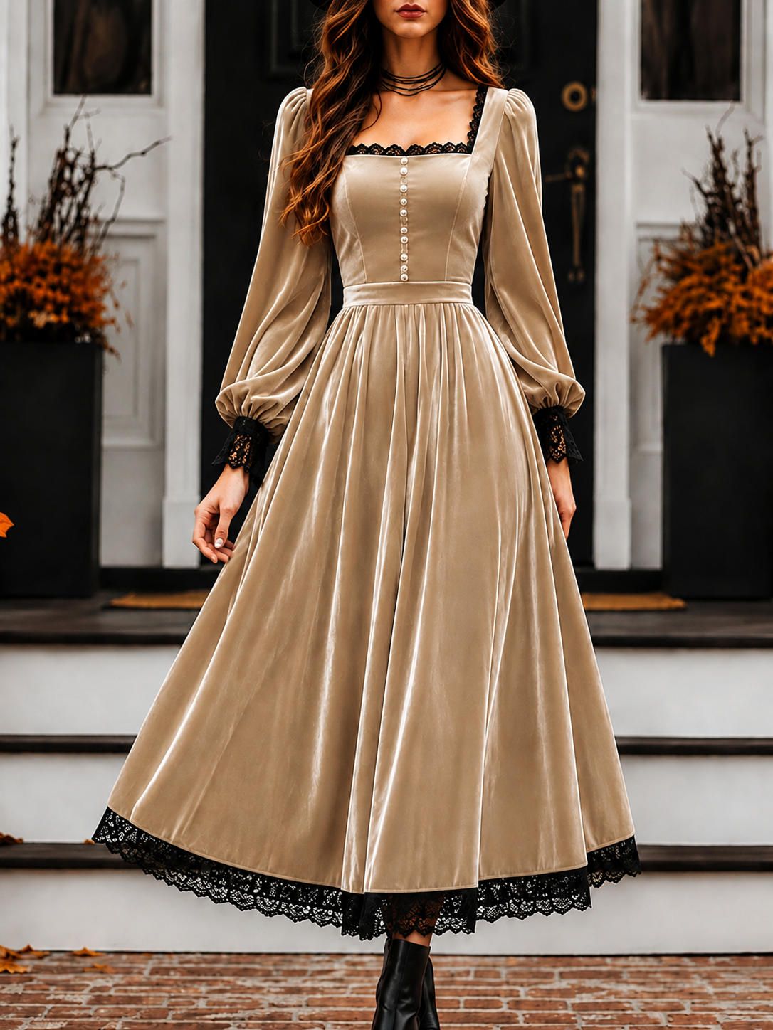    Women’s Vintage Velvet Midi Dress with Square Neck and Lace Trim