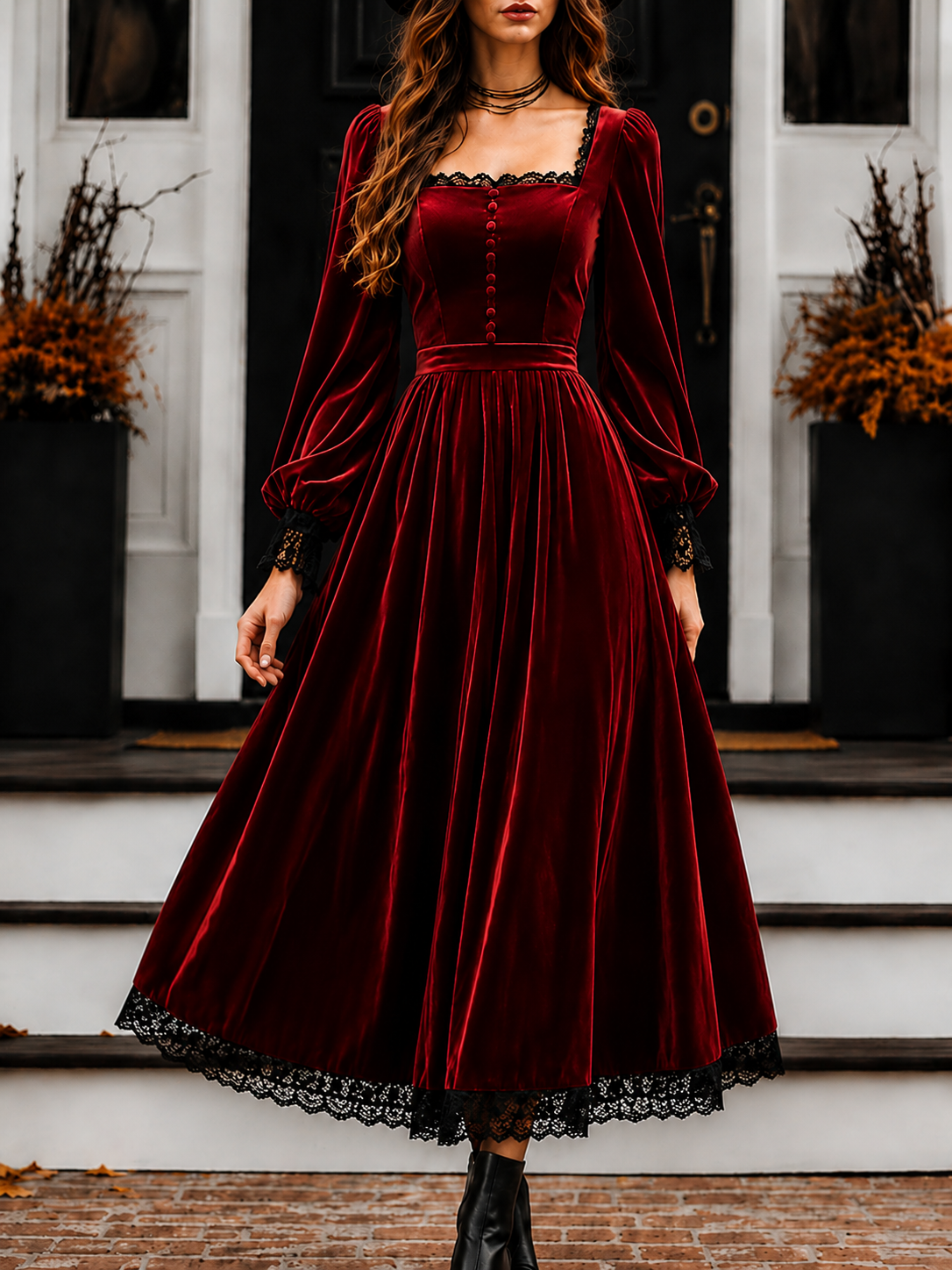    Women’s Vintage Velvet Midi Dress with Square Neck and Lace Trim
