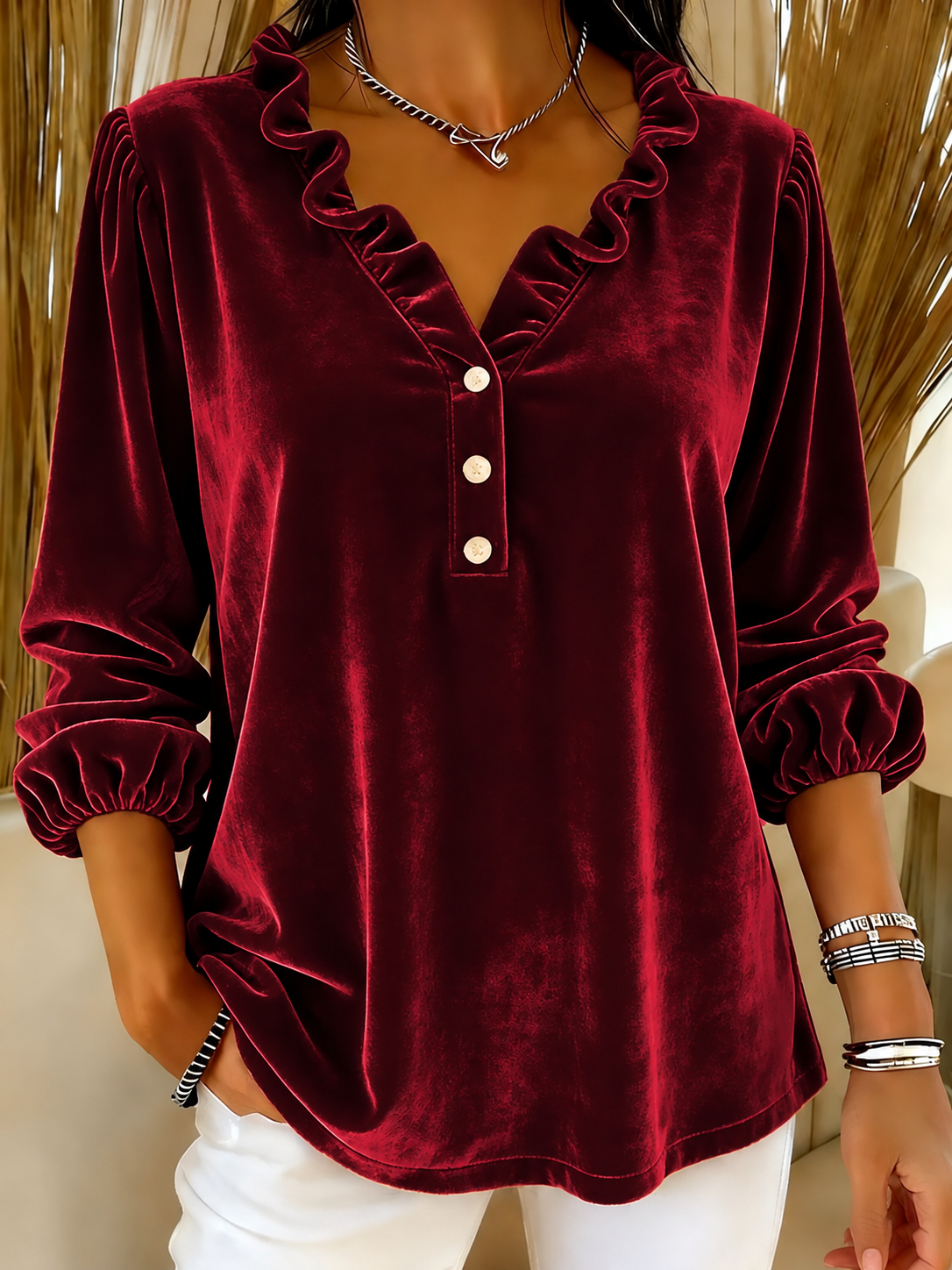 Women’s Ruffle-Neck Velvet Long Sleeve Blouse
