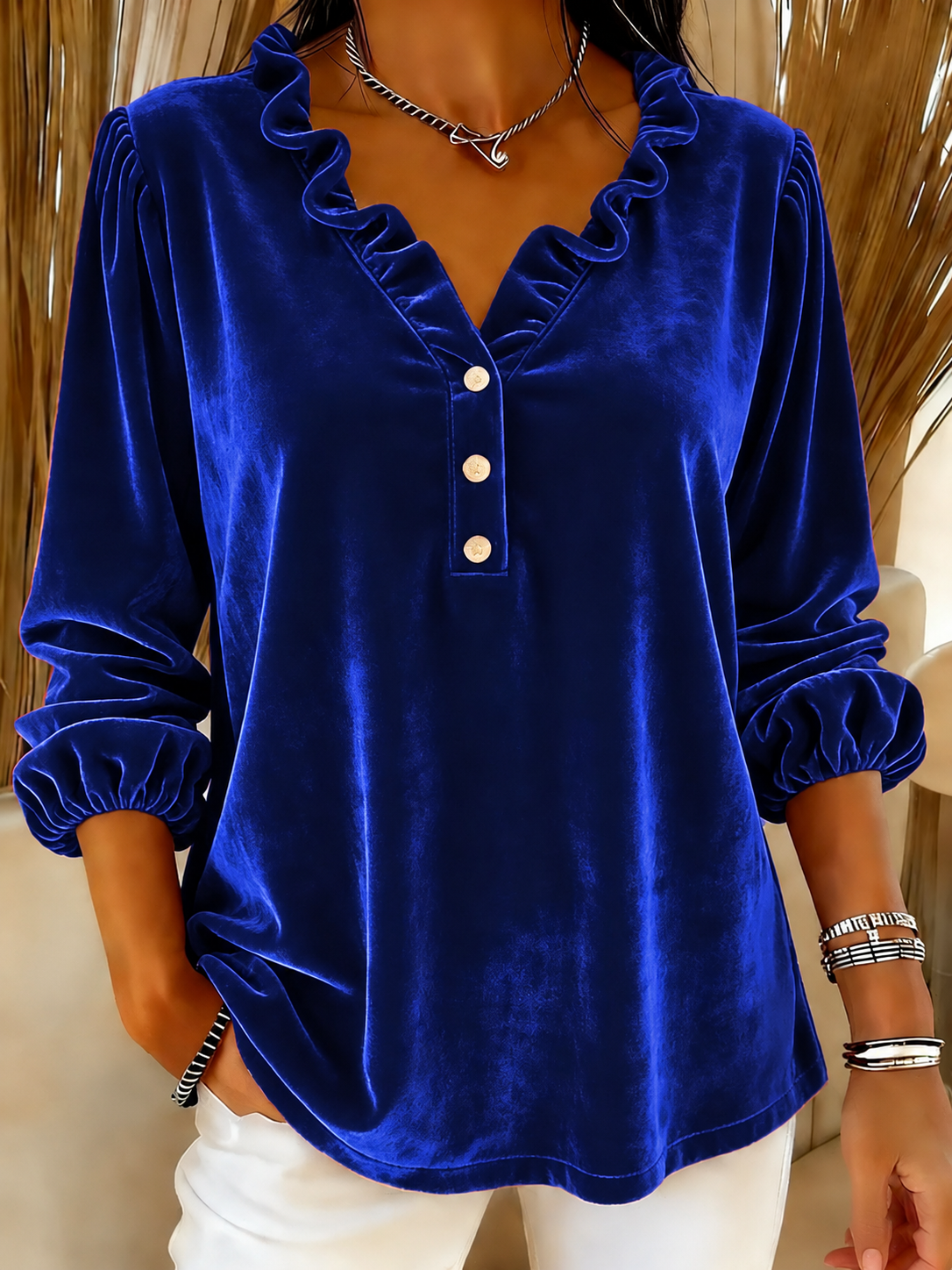 Women’s Ruffle-Neck Velvet Long Sleeve Blouse