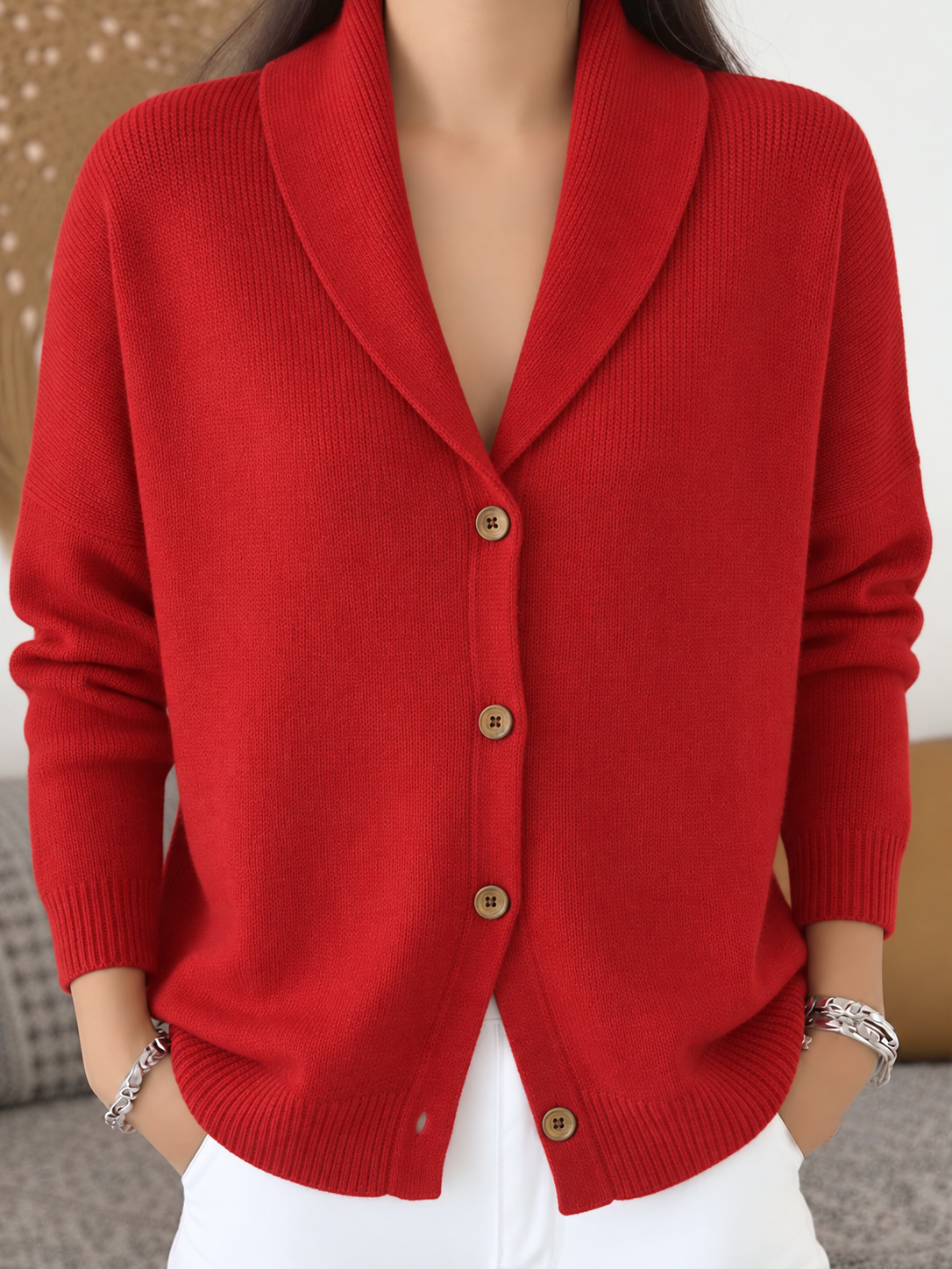 Women’s Relaxed Shawl-Collar Button-Front Knit Cardigan