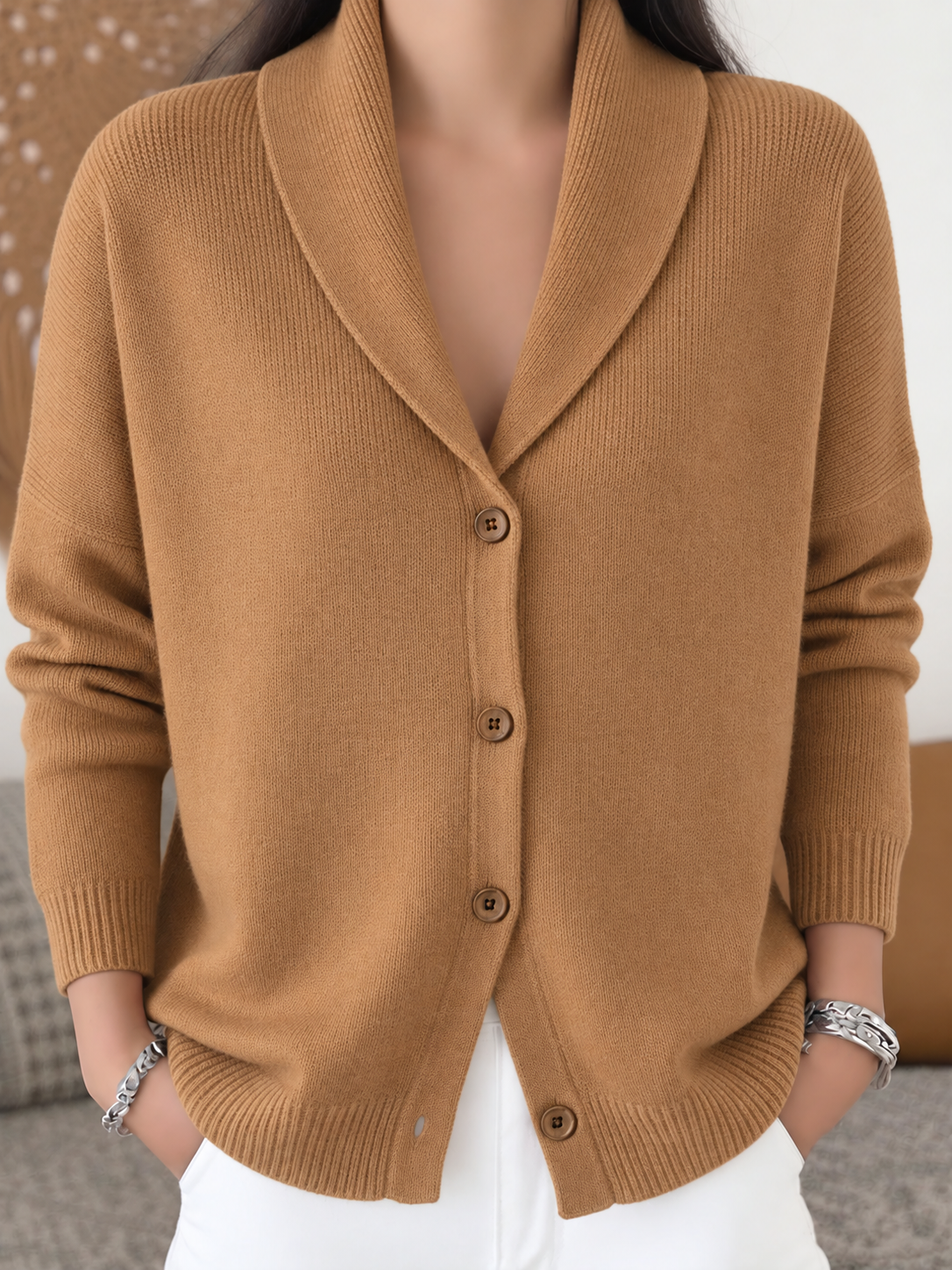 Women’s Relaxed Shawl-Collar Button-Front Knit Cardigan