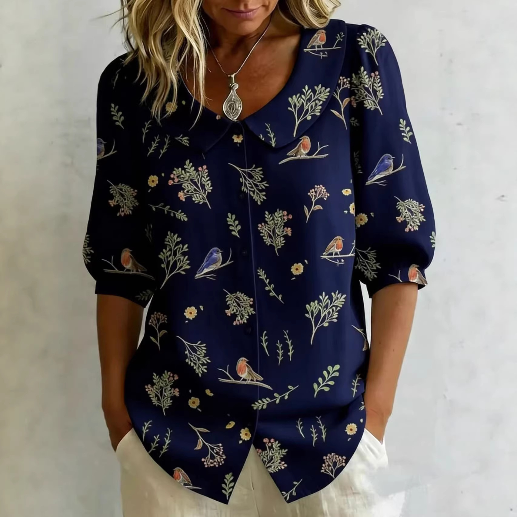 "Forest Whispers" Peter Pan Collar Linen-Cotton Shirt