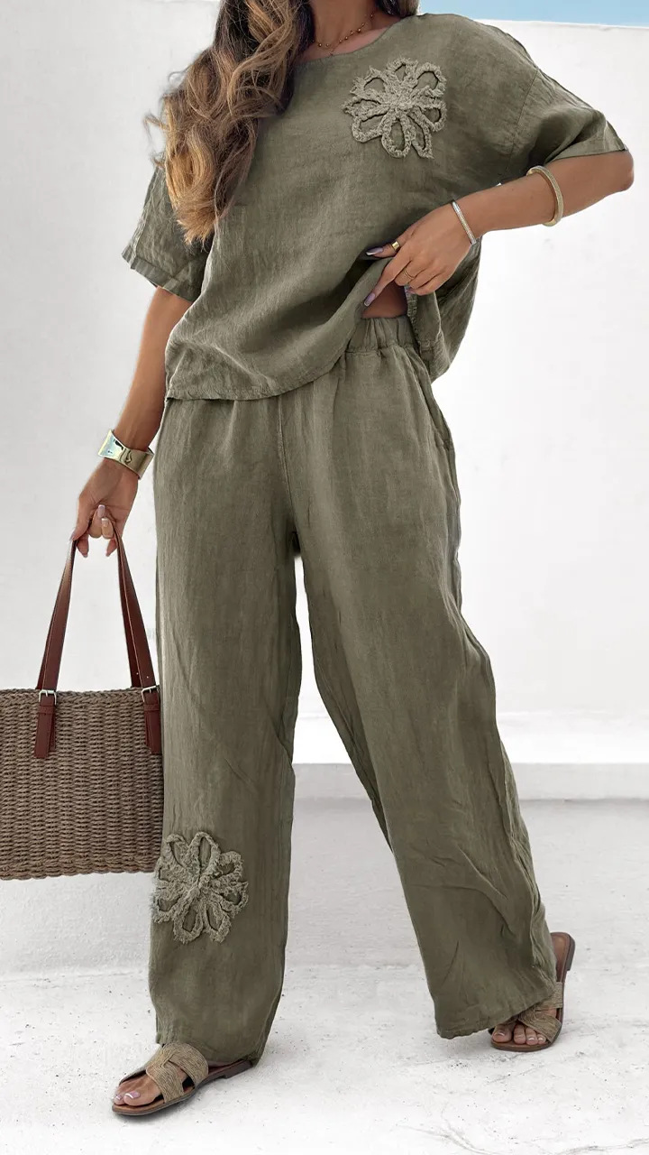 Women's Floral Embroidered Linen 2-Piece Pants Set