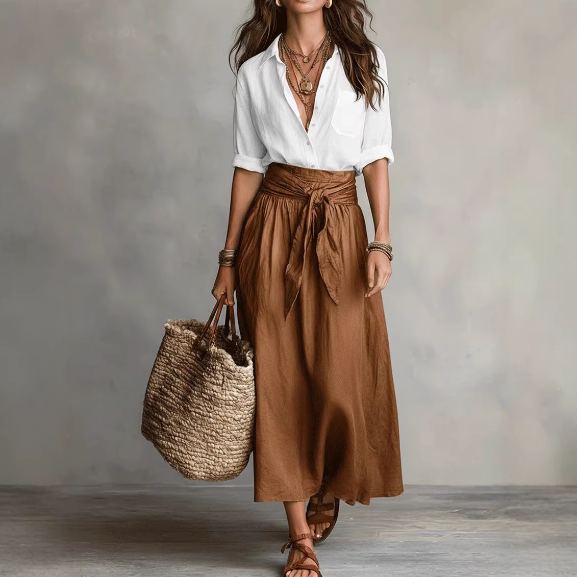 Flowy Bohemian Wrap Maxi Dress with High Waist Tie – Perfect for Vacation