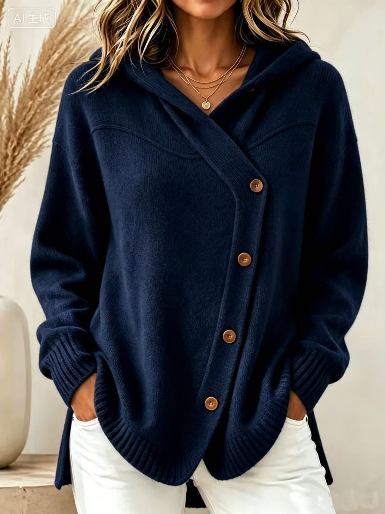 Women’s Asymmetrical Button Knit Hoodie – Relaxed Longline Sweater