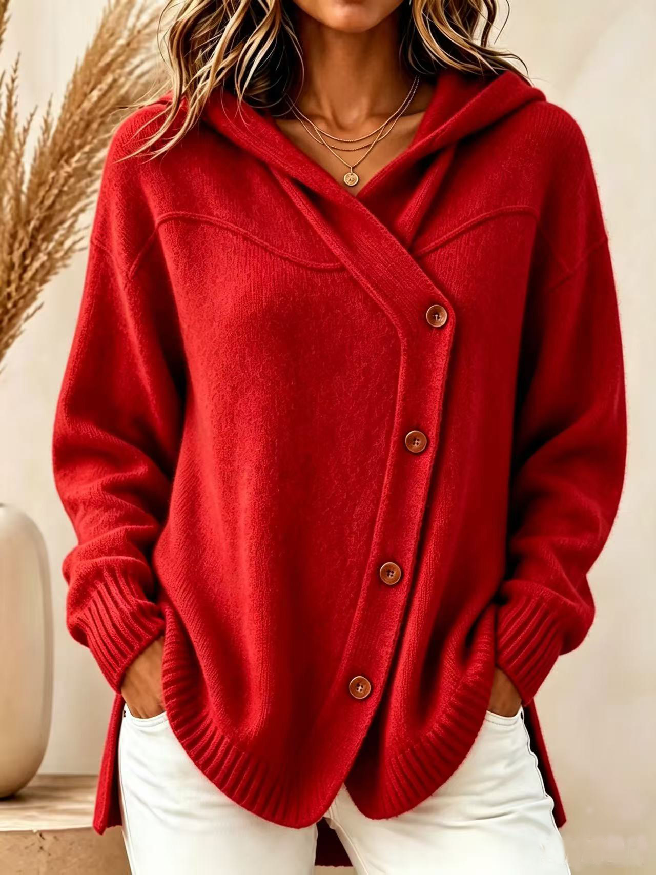 Women’s Asymmetrical Button Knit Hoodie – Relaxed Longline Sweater