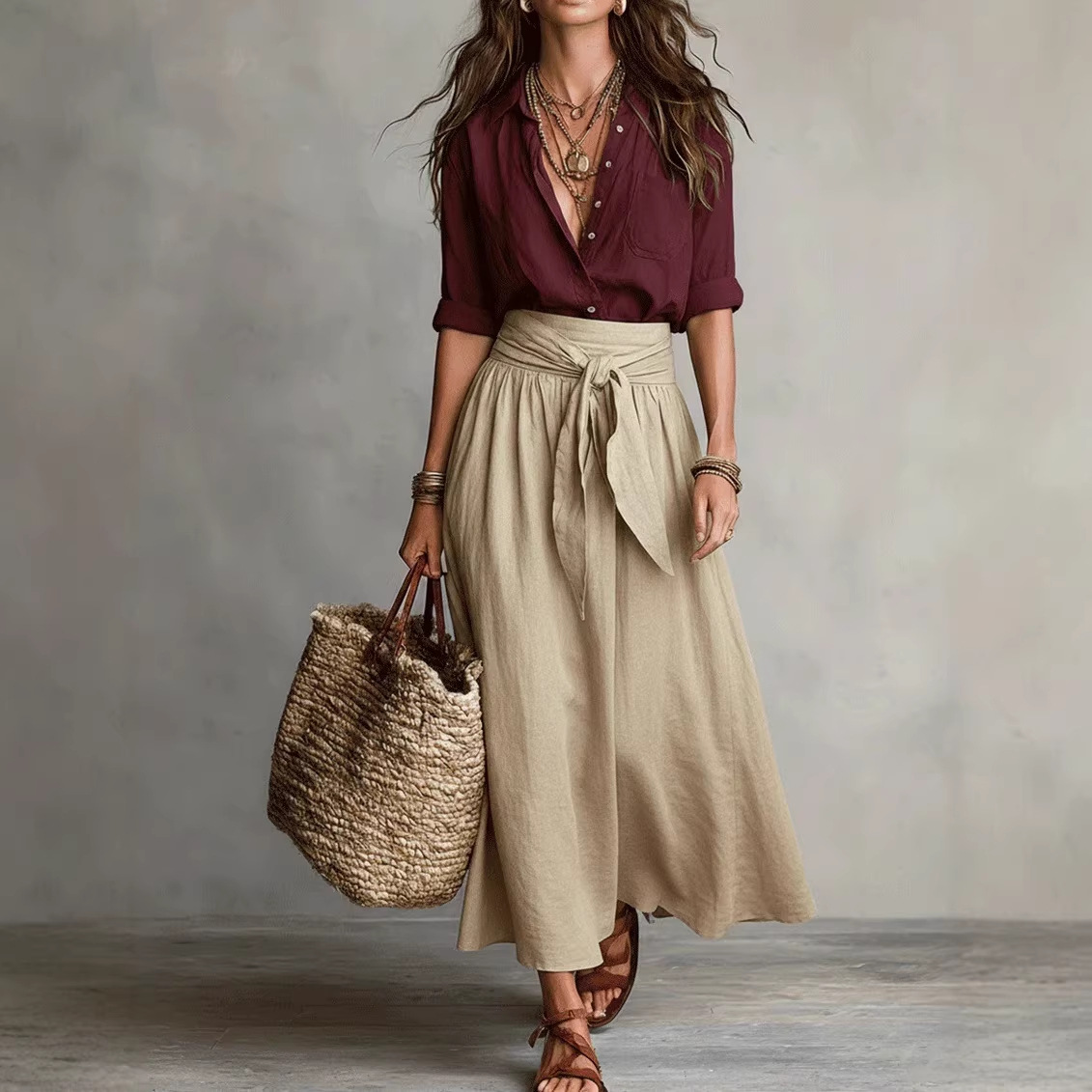 Flowy Bohemian Wrap Maxi Dress with High Waist Tie – Perfect for Vacation