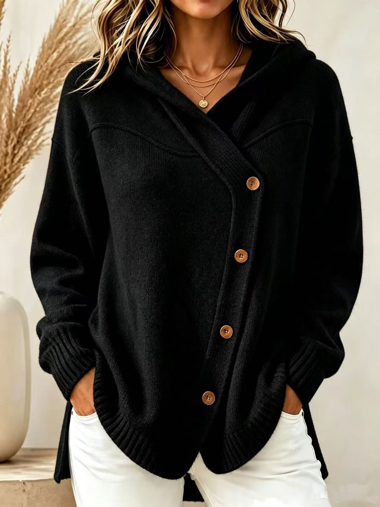 Women’s Asymmetrical Button Knit Hoodie – Relaxed Longline Sweater