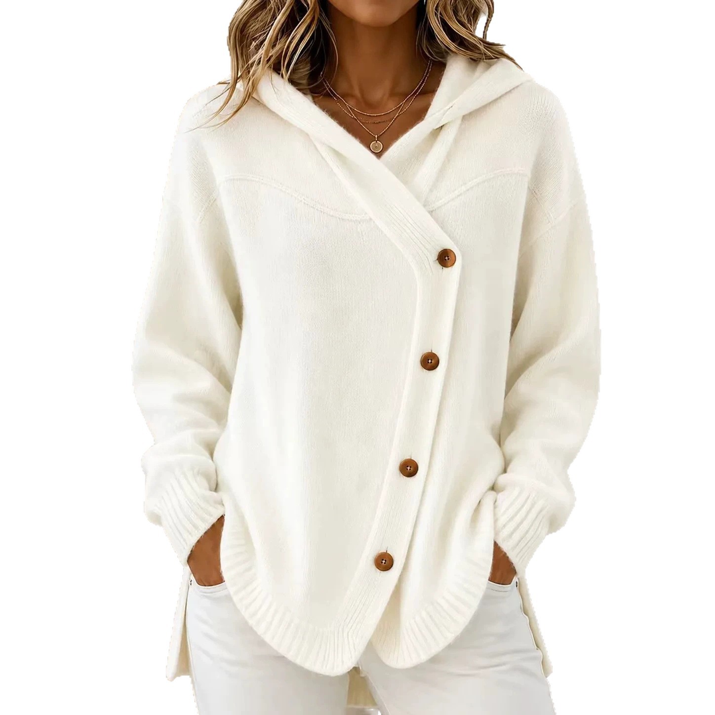 Women’s Asymmetrical Button Knit Hoodie – Relaxed Longline Sweater