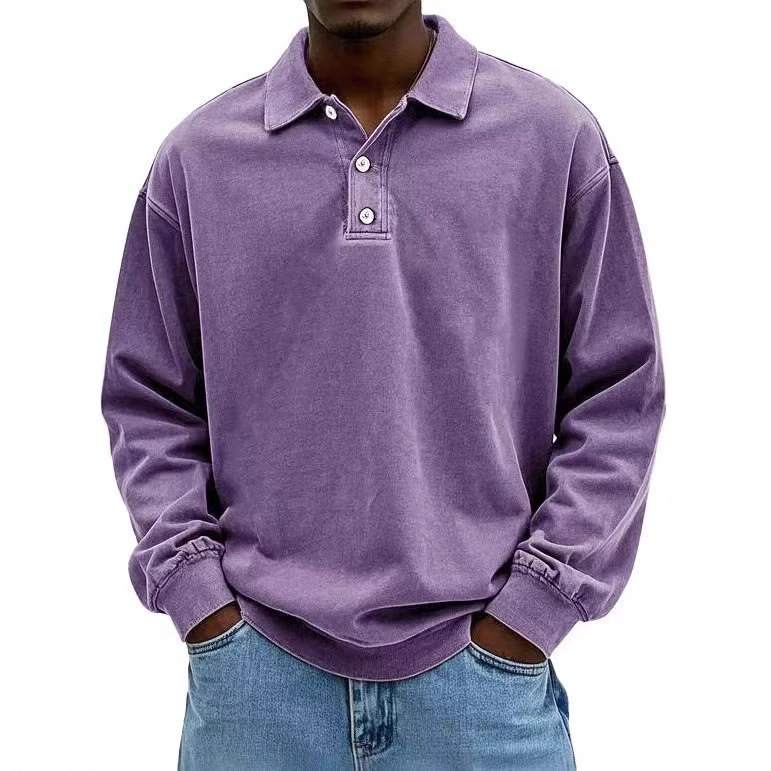 Men’s Vintage-Wash Long-Sleeve Polo Shirt – Relaxed Casual Fit
