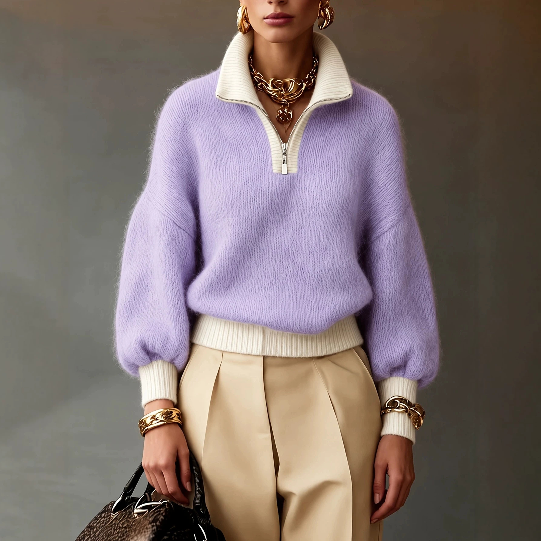 Women’s Fuzzy Knit Half-Zip Sweater Soft-Looking Texture. Effortless Elegance.