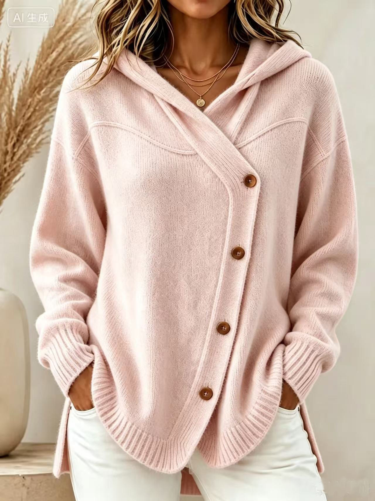 Women’s Asymmetrical Button Knit Hoodie – Relaxed Longline Sweater