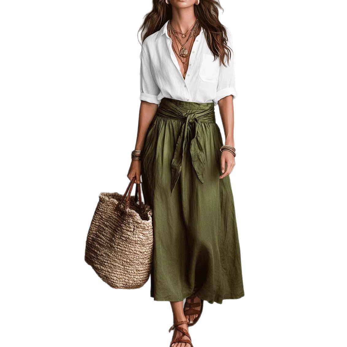 Flowy Bohemian Wrap Maxi Dress with High Waist Tie – Perfect for Vacation