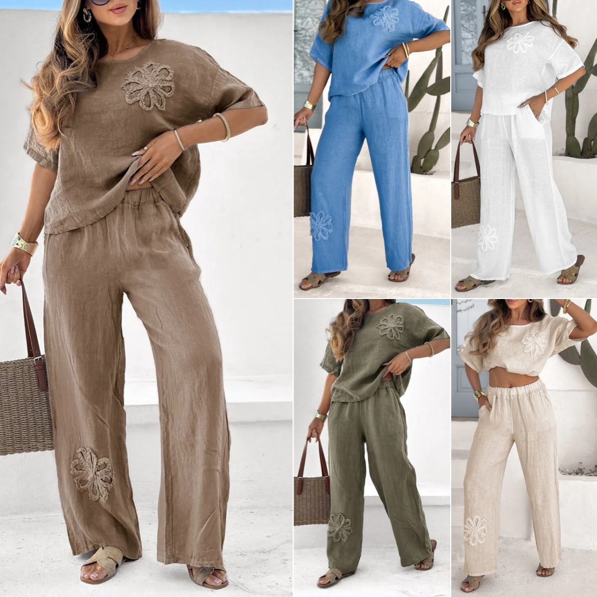 Women's Floral Embroidered Linen 2-Piece Pants Set