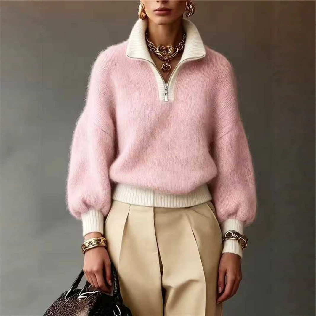 Women’s Fuzzy Knit Half-Zip Sweater Soft-Looking Texture. Effortless Elegance.