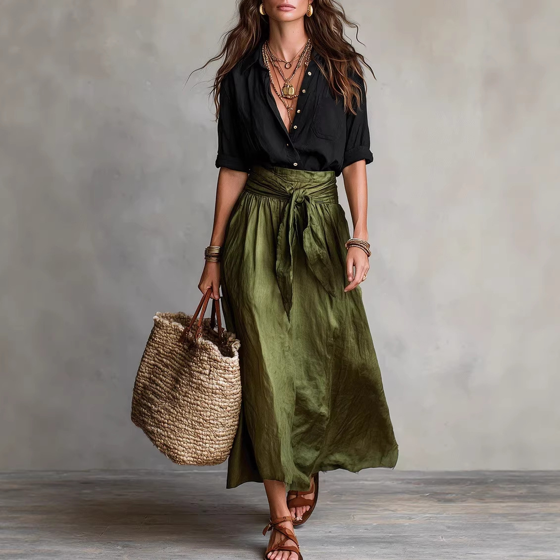 Flowy Bohemian Wrap Maxi Dress with High Waist Tie – Perfect for Vacation