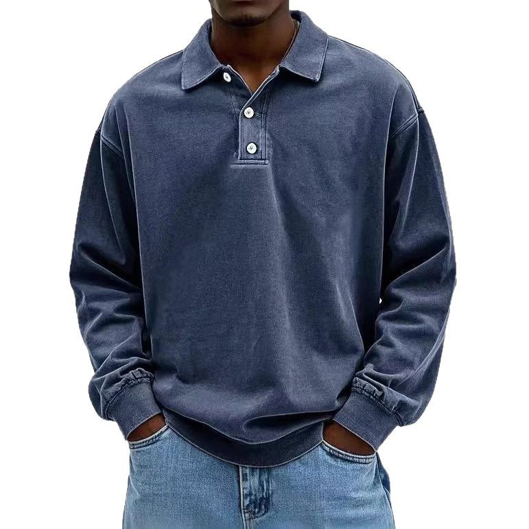 Men’s Vintage-Wash Long-Sleeve Polo Shirt – Relaxed Casual Fit