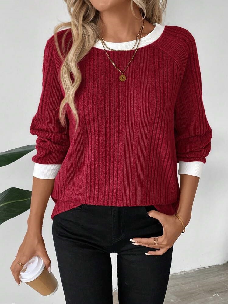 Women’s Contrast-Trim Ribbed Knit Sweater Everyday Comfort with a Polished Touch